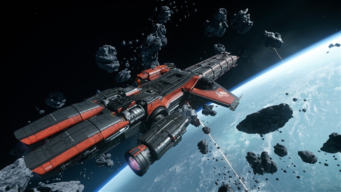 Spaceship in an asteroid field near a planet, Star Citizen 4K