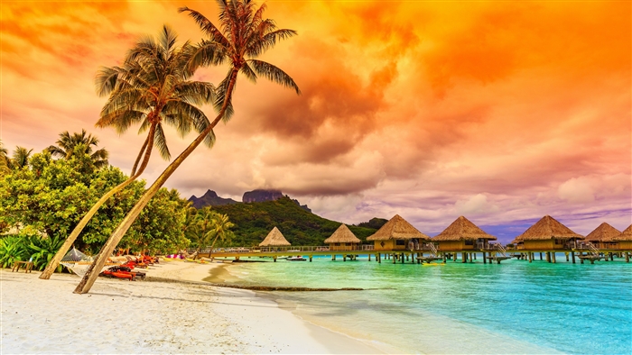 Tropical Beach with Palm Trees and Overwater Huts at Sunset