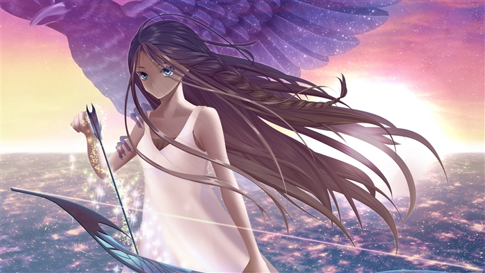 Anime girl with bow and arrow against starry sky