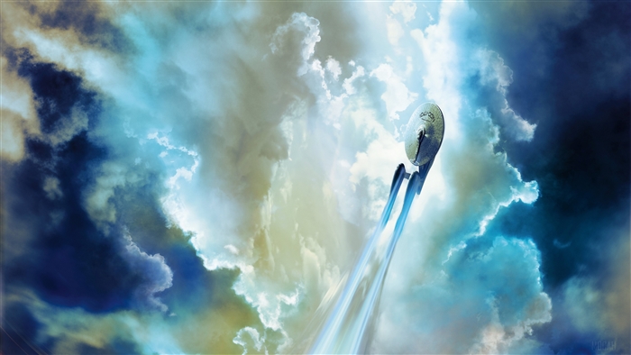 Starship Enterprise flying through clouds
