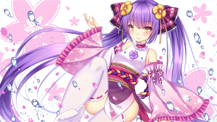 Girl with Purple Twintails and Yellow Eyes in Kimono