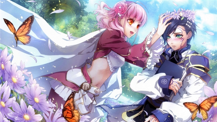 Anime Girl and Boy with Butterflies and Flowers 4K