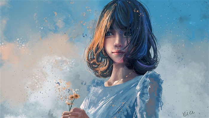 Girl holding flowers in front of sky