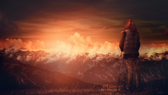 Woman with hiking poles overlooking mountains at sunset 4K
