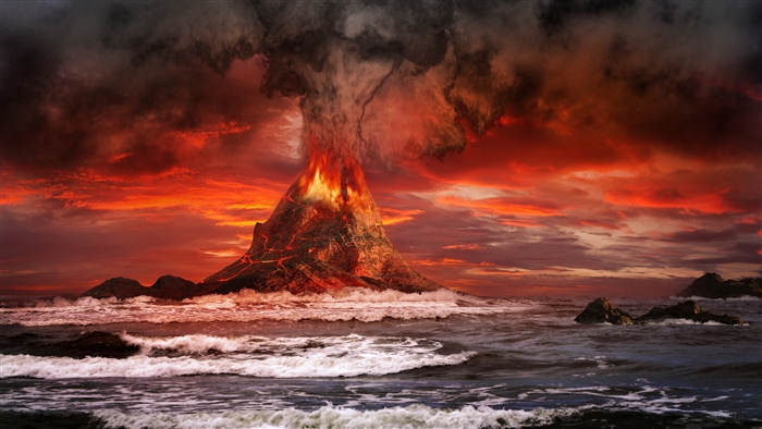 Volcano erupting lava and smoke into the ocean