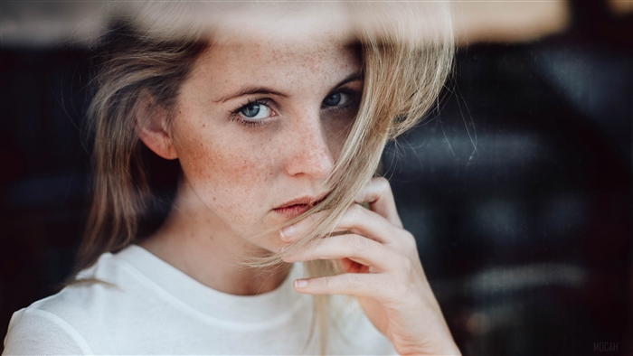 Woman with Blonde Hair and Blue Eyes with Freckles 4K