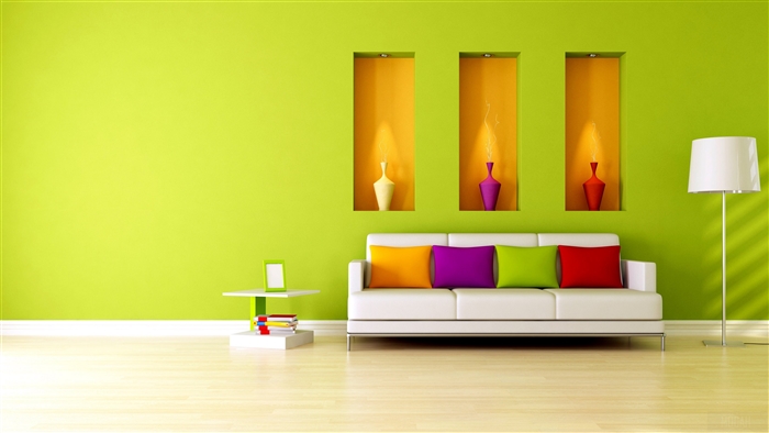 Modern Living Room Interior with Bright Green Wall