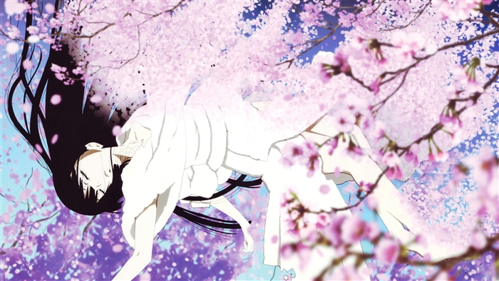 Girl in white dress under cherry blossoms