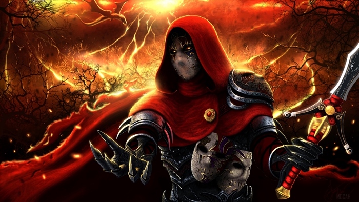 4K fantasy warrior with red hood and sword