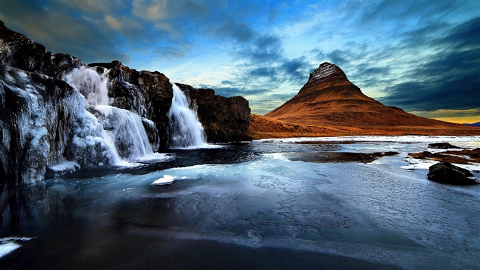 Kirkjufell Mountain and Waterfall in Iceland 4K