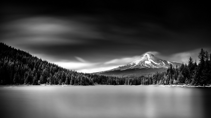 Black and white long exposure of Mount Hood and Trillium Lake