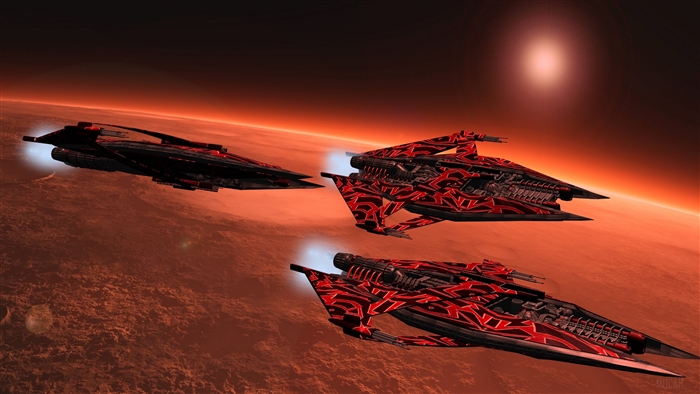 Three alien spaceships in orbit above a red planet