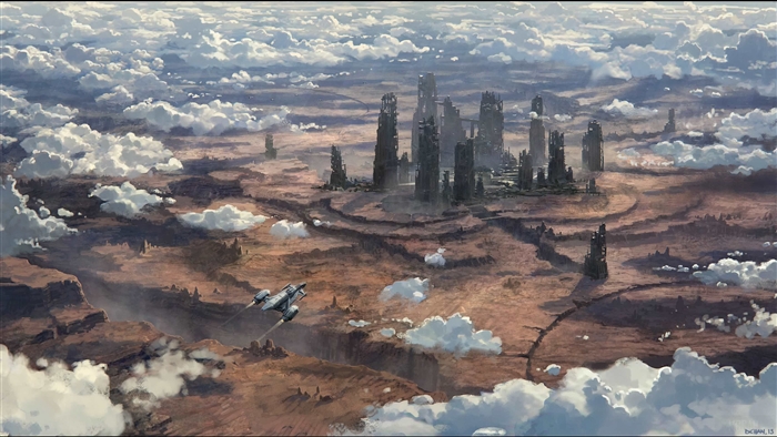 Ruined Cityscape with Spaceship in Clouds