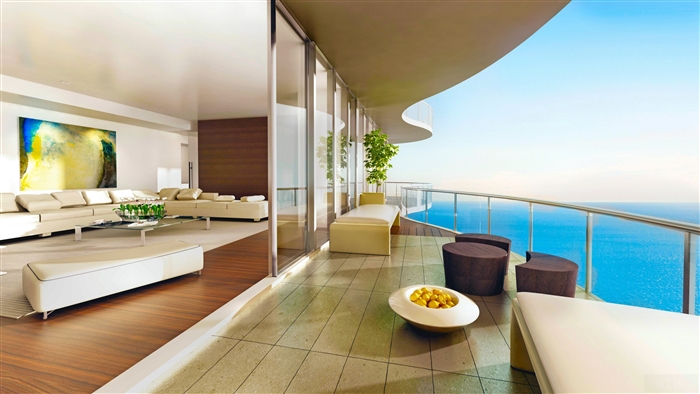 Luxury apartment interior with ocean view balcony 4K