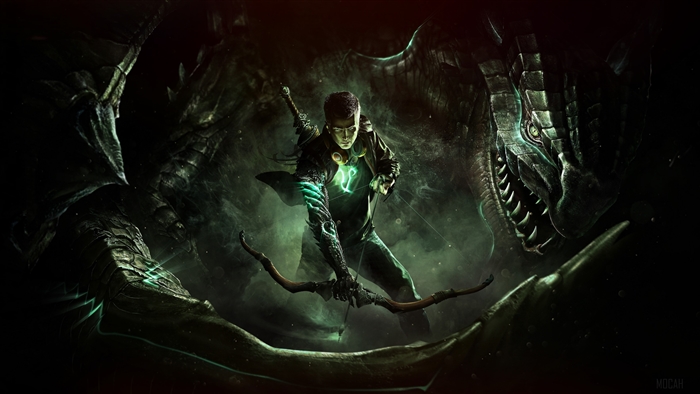 Man with bow and arrow fighting dragons 4K