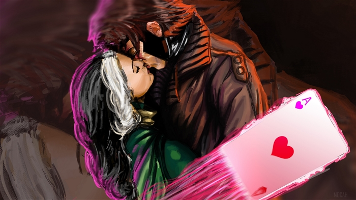 Gambit and Rogue kissing, holding an Ace of Hearts card