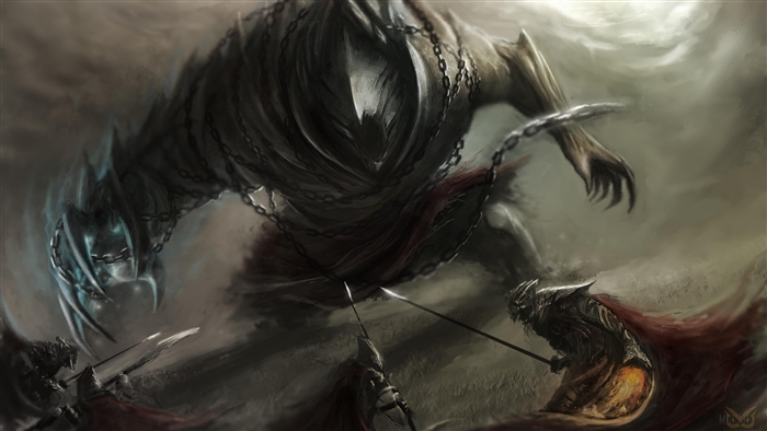 Giant chained monster fighting armored warriors