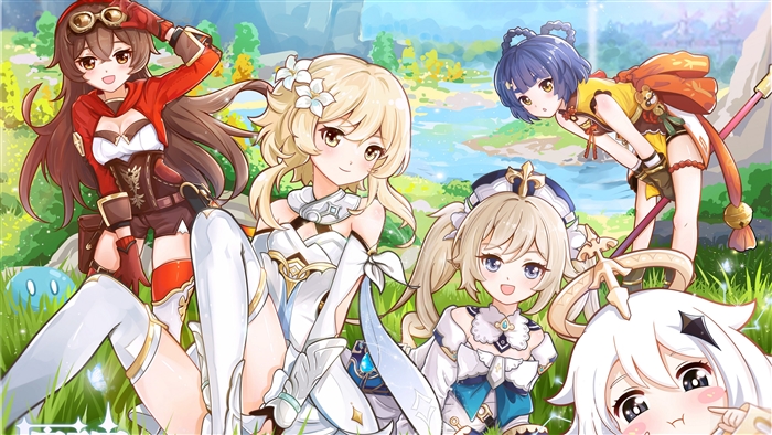 Amber, Barbara, Lumine, Paimon, and Xiangling from Genshin Impact 4K