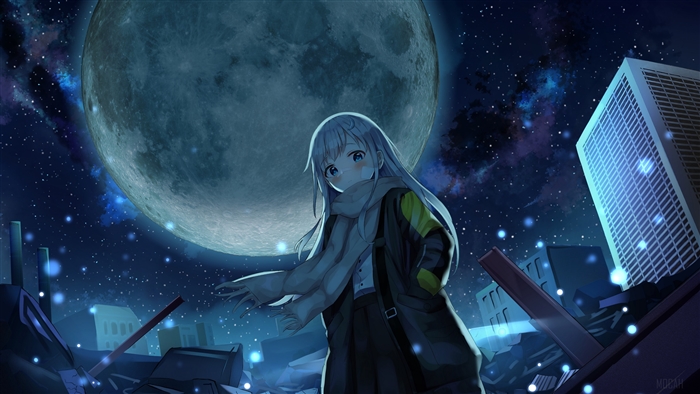 Girl with white hair and blue eyes under the moon