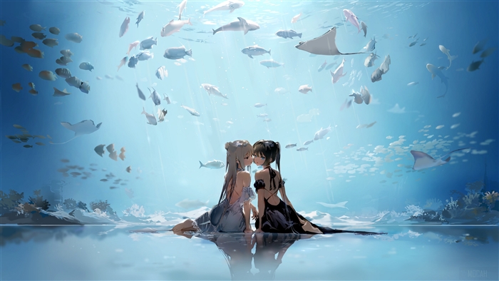 Two girls kissing underwater with fish and rays