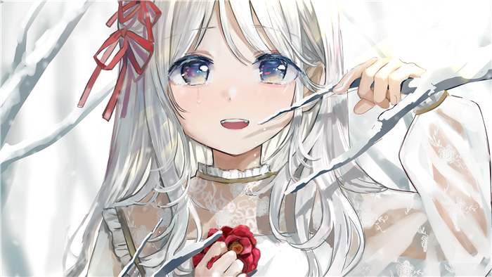 Girl with White Hair and Blue Eyes in Snow
