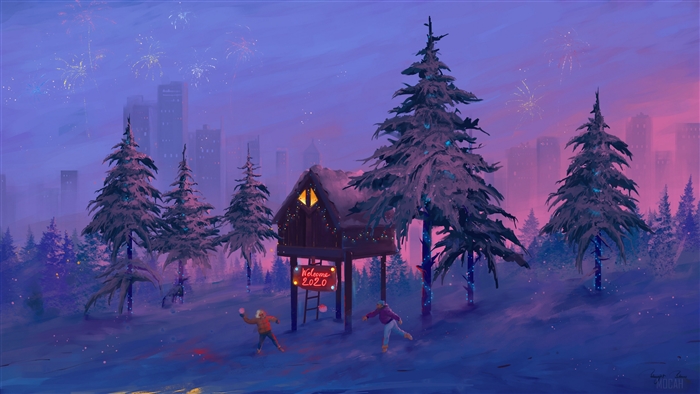 New Year's Eve Celebration in Snowy Forest 4K