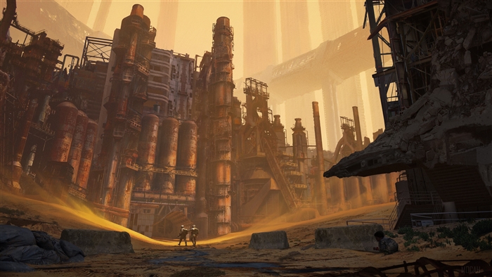 Post-apocalyptic industrial wasteland with figures