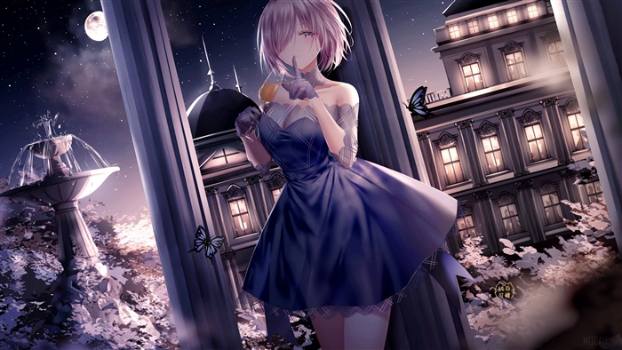 Mashu Kyrielight in a blue dress at night