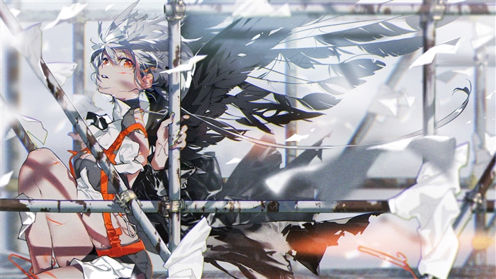 Girl with black wings and white hair 4K