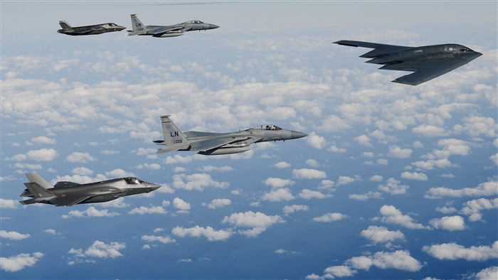 F-35, F-15, and B-2 Spirit Jet Fighters Formation 4K