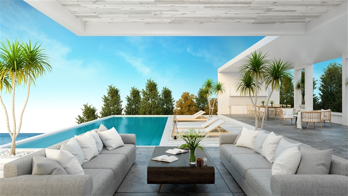 Luxury outdoor patio with infinity pool and lounge furniture 4K