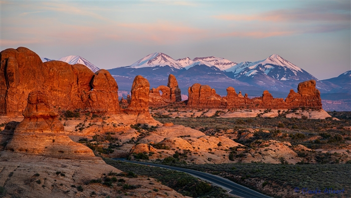 Arches National Park Utah Landscape with Snowy Mountains 4K