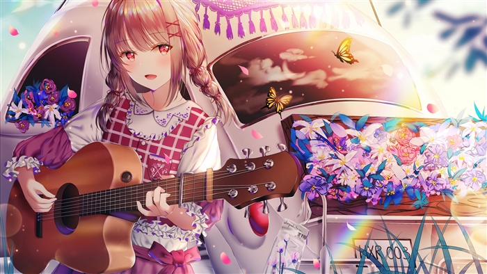 Anime girl with guitar and flowers by car 4K
