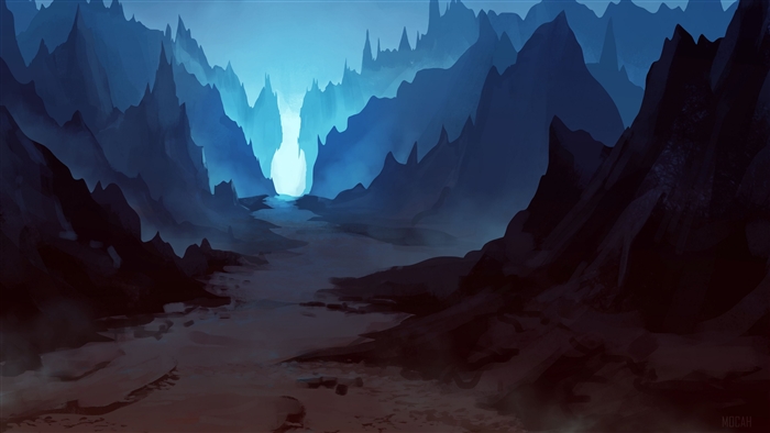 Mysterious blue mountain valley with glowing light