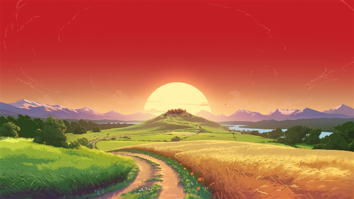Sunset over rolling hills with mountains and a road