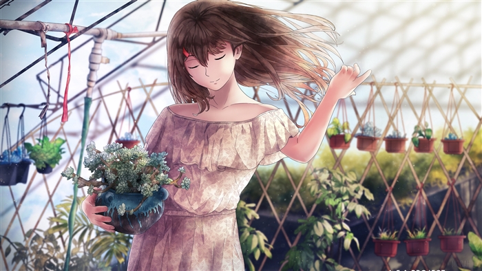 Girl holding a potted plant in a greenhouse 4K