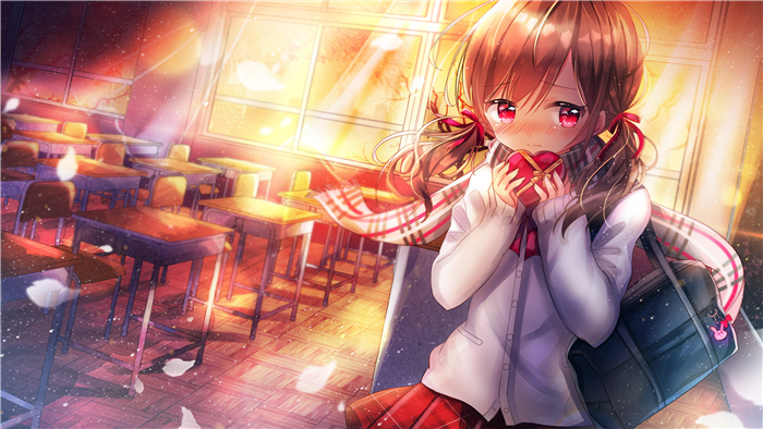 Girl with pink eyes holding a heart-shaped box in a classroom 4K