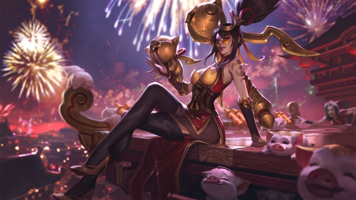 Vayne from League of Legends with pigs and fireworks