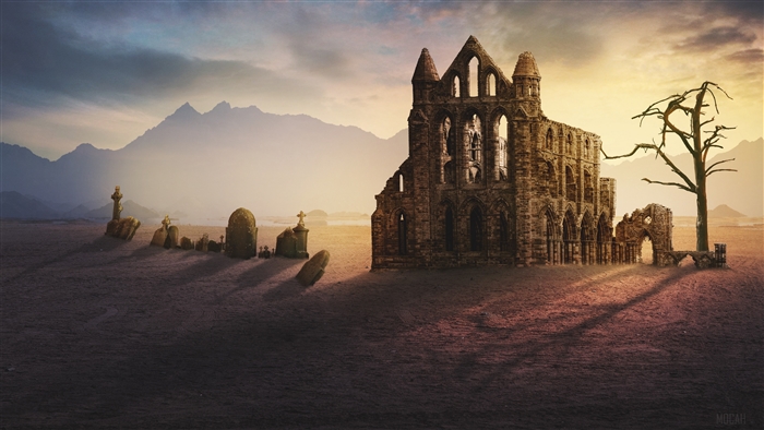 Ruined church and cemetery with mountains in the background 4K