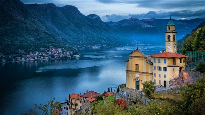 Church and town on Lake Como, Italy 4K