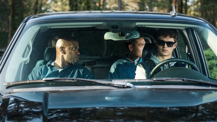Baby Driver: Ansel Elgort, Jamie Foxx, and Lanny Joon in a car