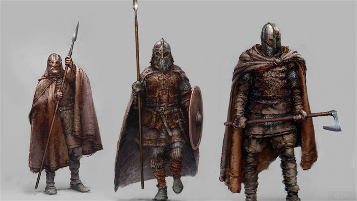 Three Viking warriors with spears and axe in 4K