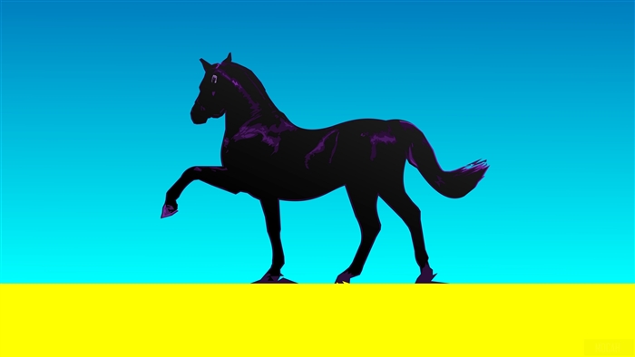 Black horse on a blue and yellow background