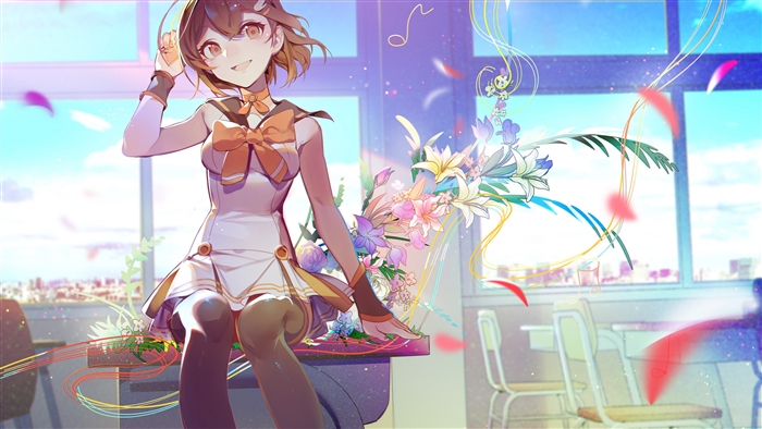 Girl with flowers in classroom