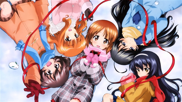 Girls und Panzer characters in winter attire