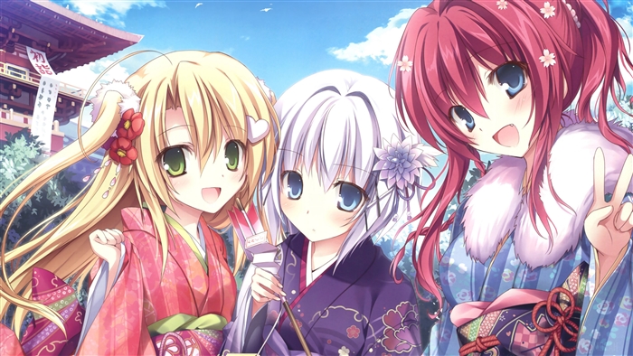 Three anime girls in kimonos with flowers