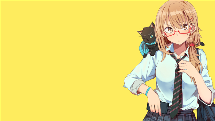 Anime girl with cat and glasses