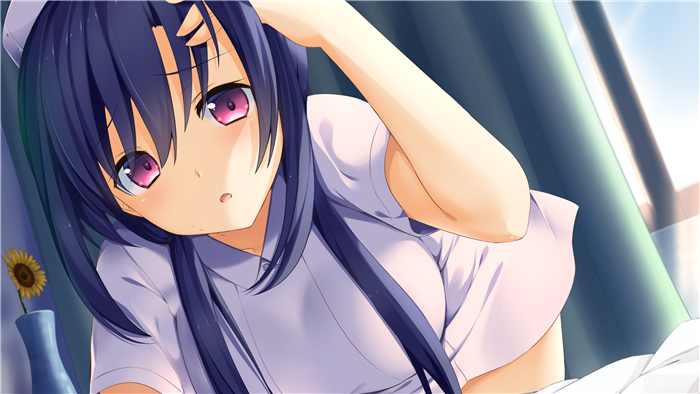 Anime girl in nurse uniform with pink eyes