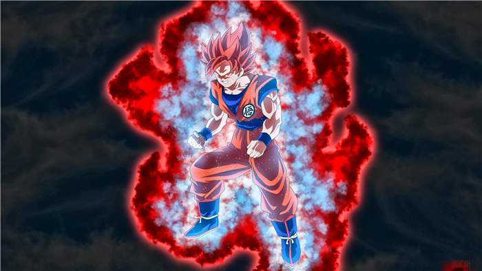 Goku from Dragon Ball Z with red and blue aura