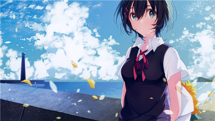 Girl with black hair and red ribbon by the sea